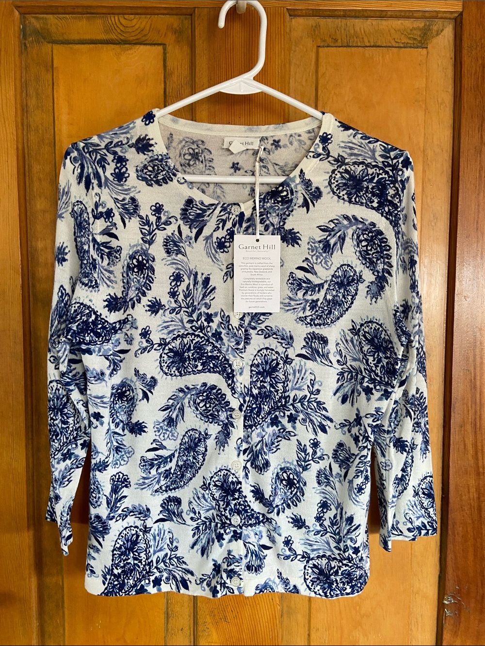 Garnet Hill Merino Wool Cream Cardigan with Navy Paisley Print